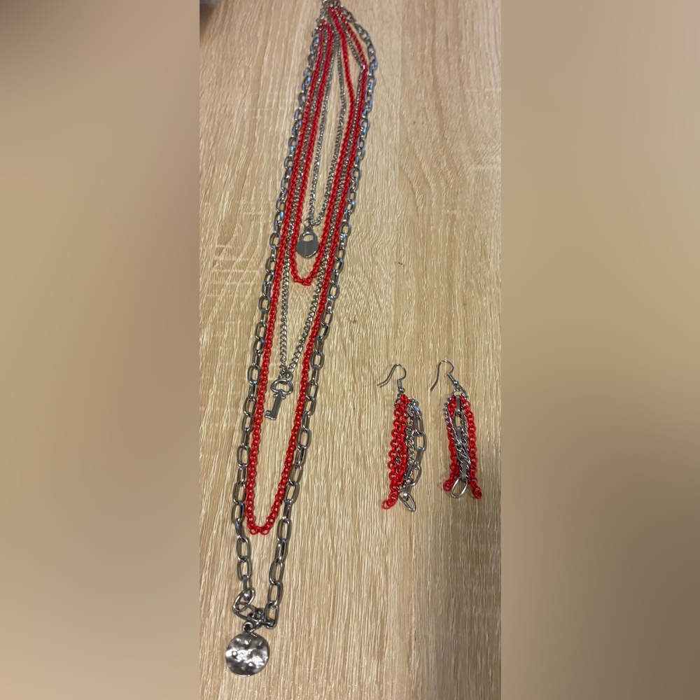 Red and Silver Mulit-Layer Chain Necklace and Earring Set
